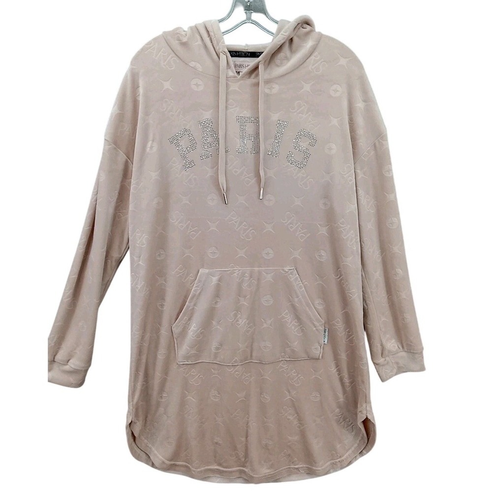 Paris Hilton Velour Hooded Lounge Shift Sparkle Logo Size S Oversized Soft Pink